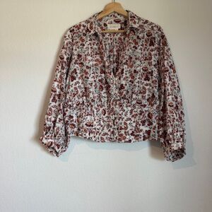 Anthropologie Ivory Red Floral Long Sleeve Button Down Shirt Women's Size XL